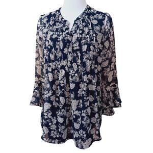 CHARTER CLUB Boho Blouse Peasant Top S Flowy Pin Tucks Floral Cottagecore Blue
